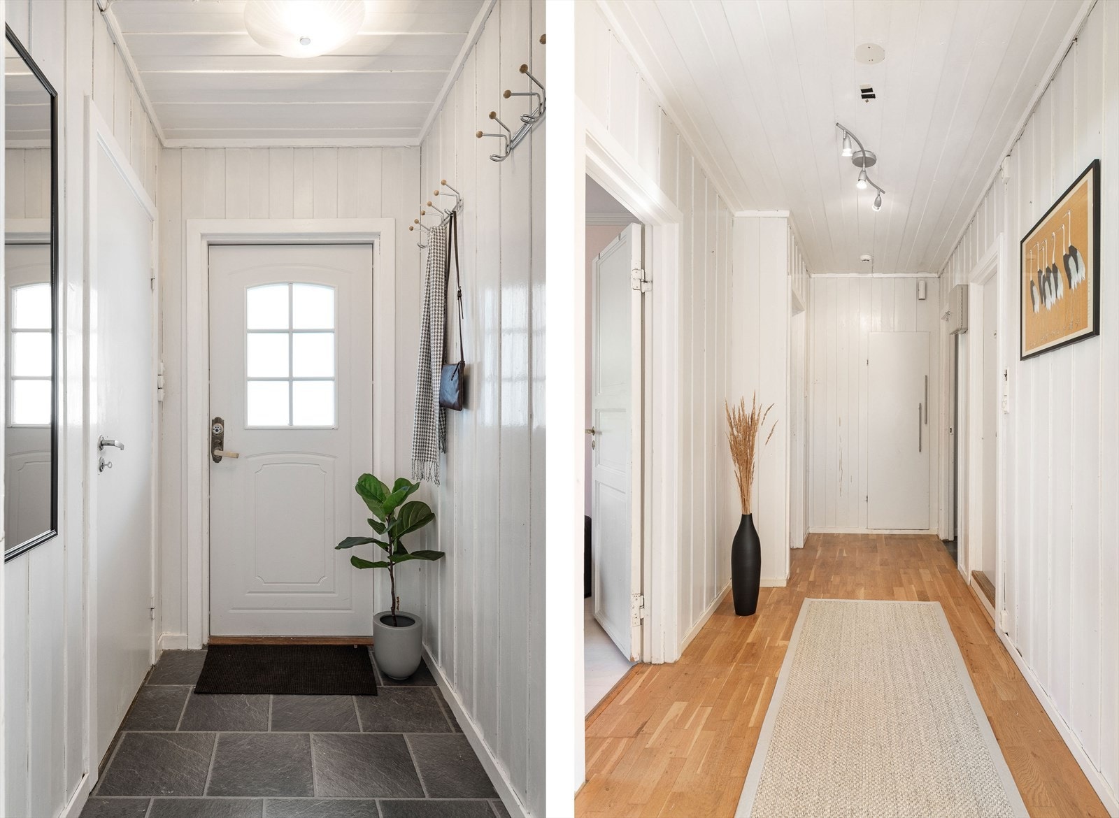 Entréen leder inn i boligen, med parkett på gulvet i gangen og panel på veggene. Galleribilde