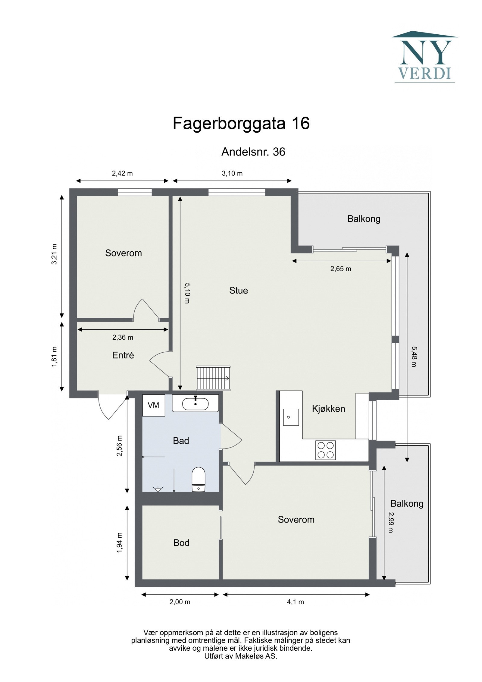 Plantegning 4. etasje med heis. I tillegg disponerer leiligheten en bod på ca. 5,4m². Galleribilde