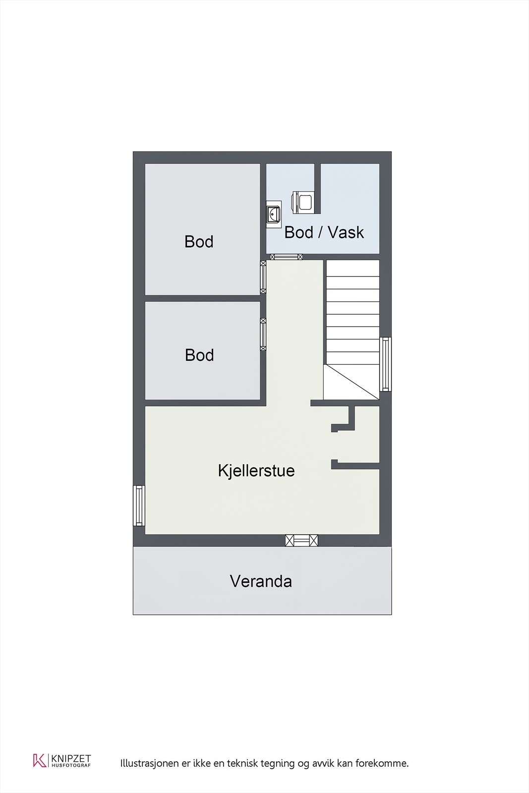 Kjelleren inneholder vaskerom, flere boder og et innredet hobbyrom. Merk at romdisponeringen avviker fra godkjente tegninger. Galleribilde