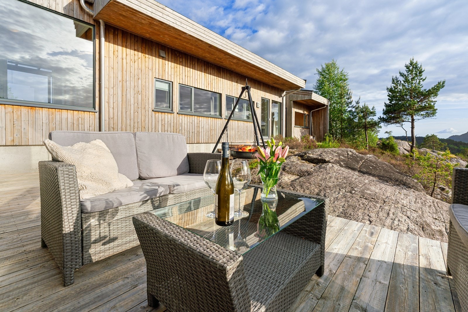 Fasaden har stående kledning som glir godt inn i de naturlige omgivelsene. Galleribilde