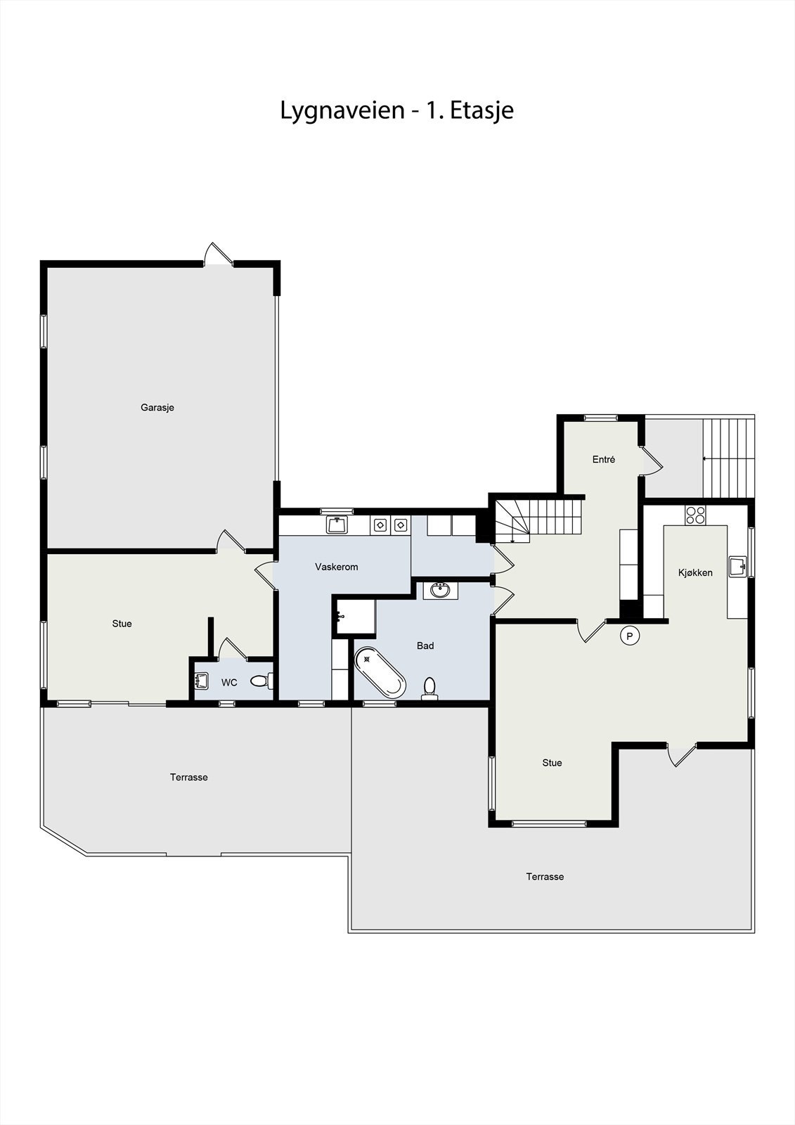 Første etasje har en innholdsrik planløsning med to stuer, kjøkken, bad, vaskerom og integrert garasje. Galleribilde