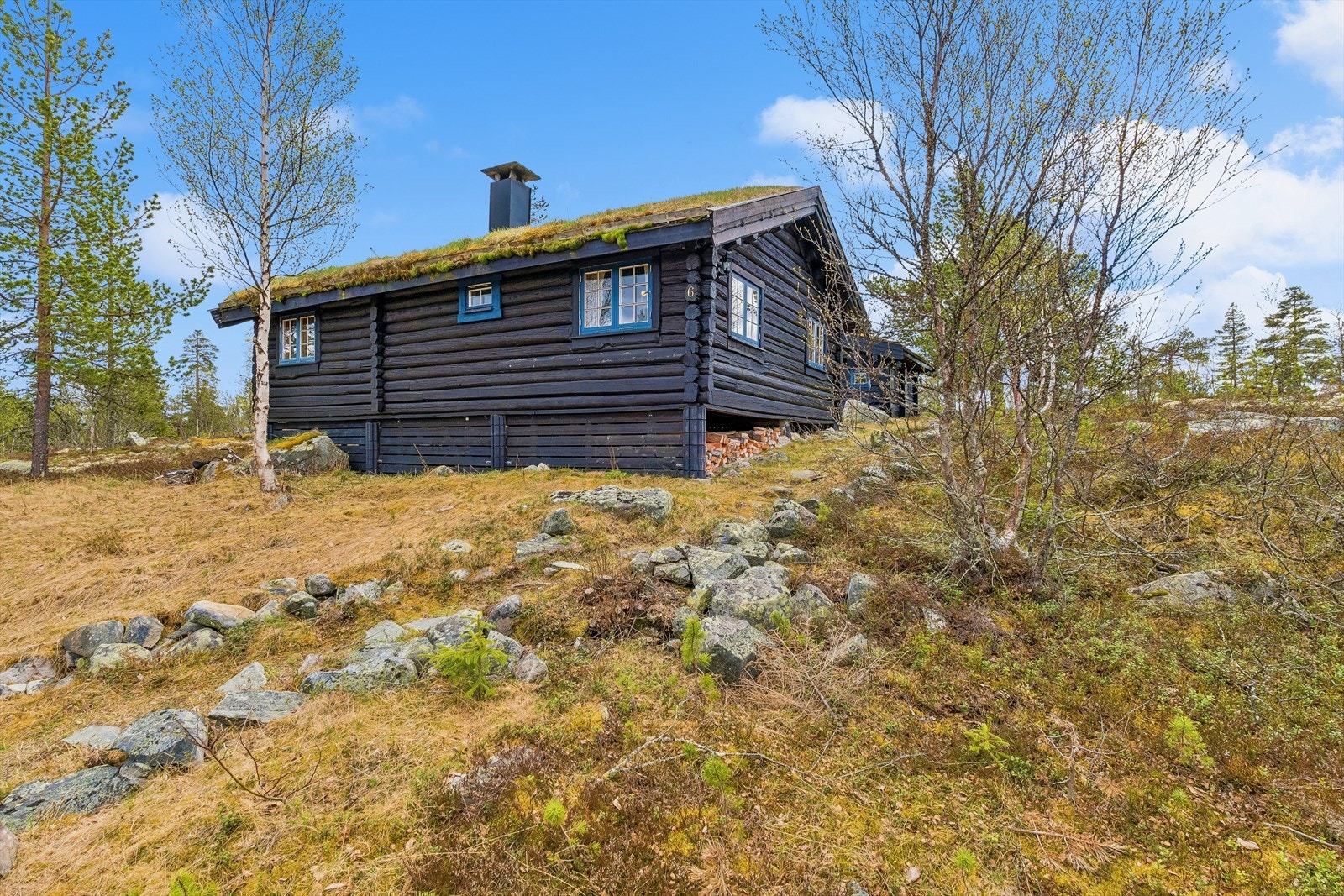 Fritidsboligen er fundamentert på pilarer, tilpasset terrenget. Galleribilde