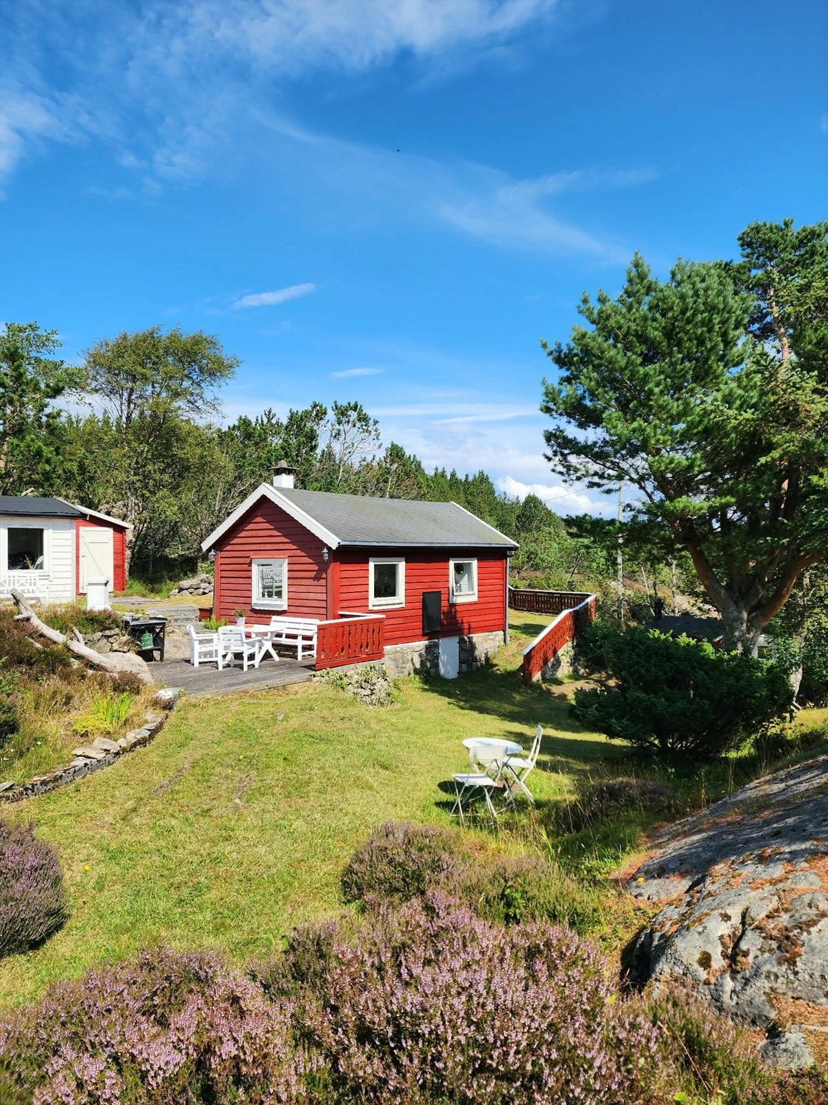 En koselig hage med flere ulike soner, gressplen for lek og moro og hengekøye og slengdisse i trærne. Galleribilde