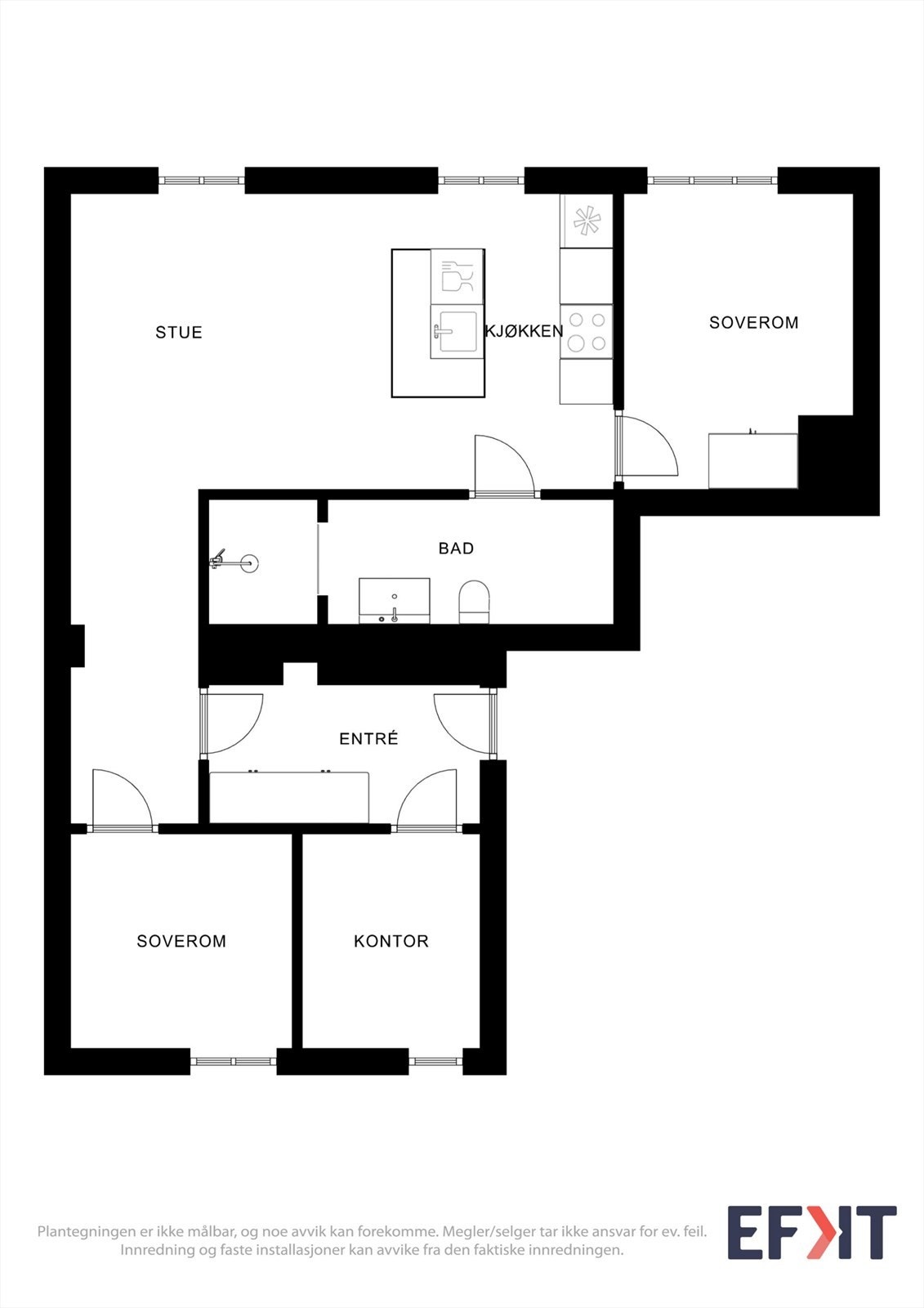 Leiligheten har en arealeffektiv planløsning med to soverom og et kontor/bod. Galleribilde