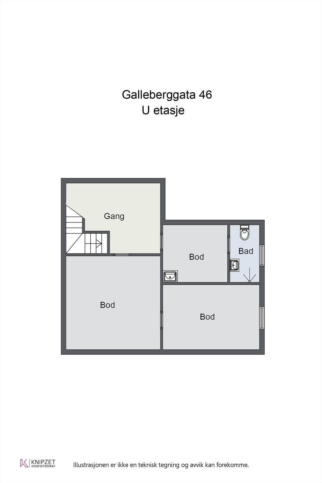 Kjelleretasjen har betonggulv og inneholder trapperom, tre boder og et rom innredet for bad. Galleribilde