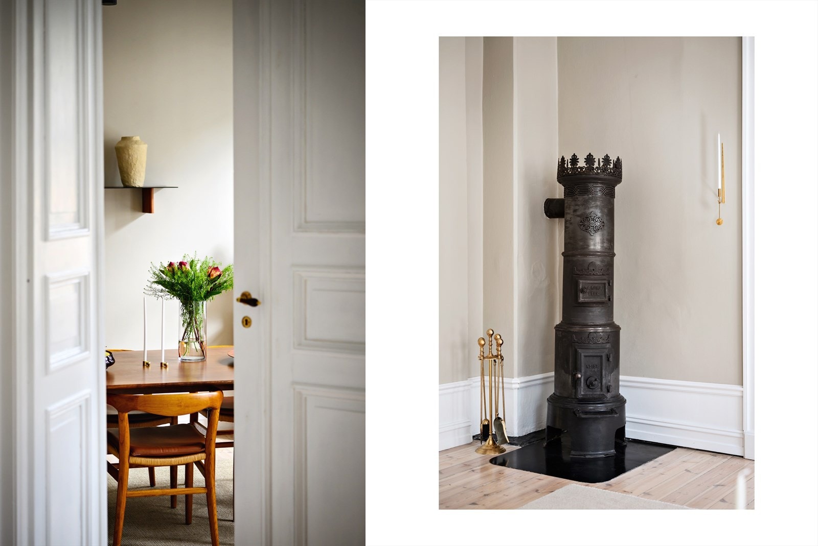 De originale, doble fløydørene mellom stue og kjøkken er beholdt, og den frittstående støpejernsovnen gir både varme og karakter til leiligheten. Galleribilde