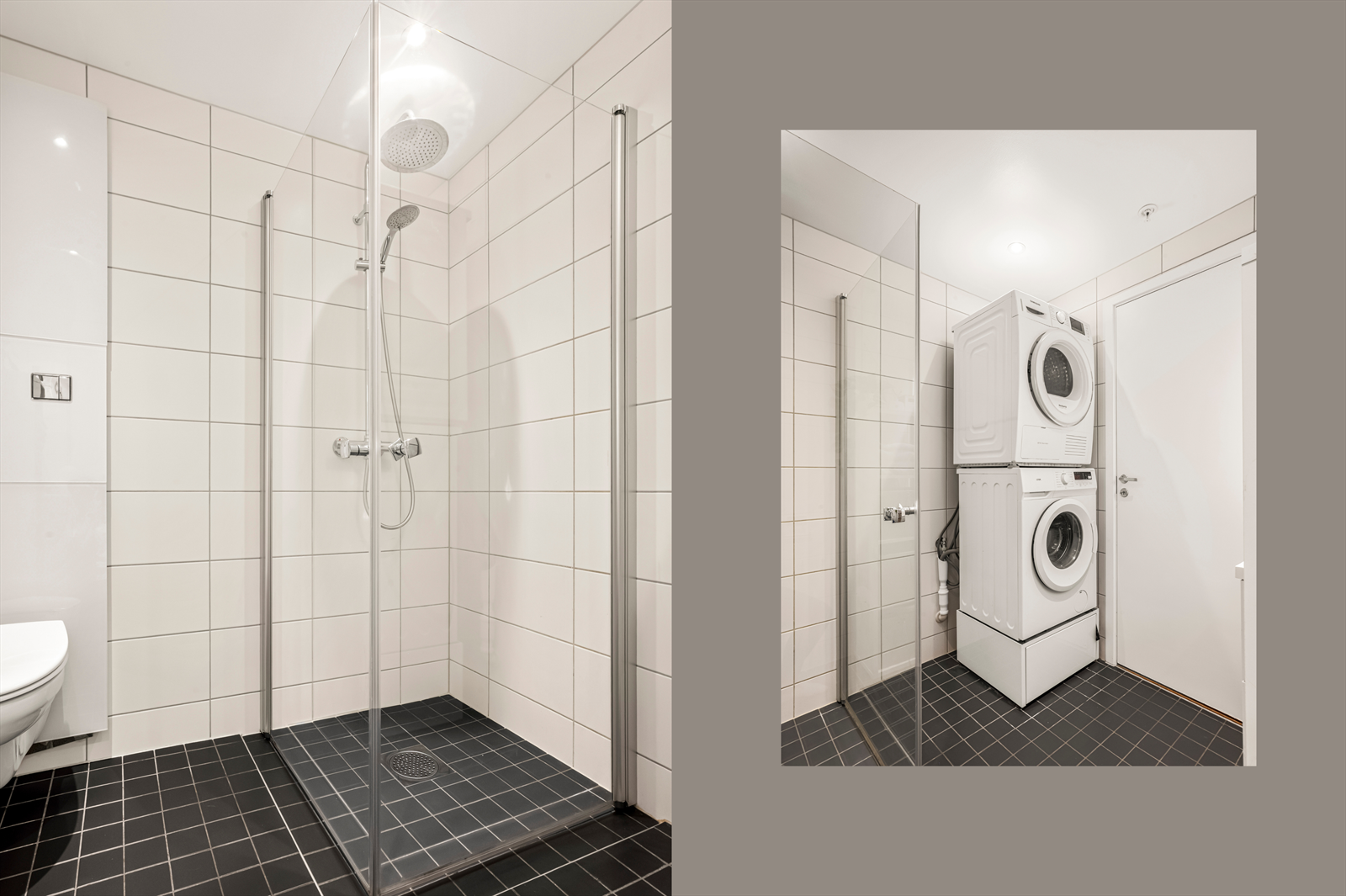 Badet har flislagt gulv med vannbåren varme, dusjhjørne og opplegg for vaskesøyle. Galleribilde