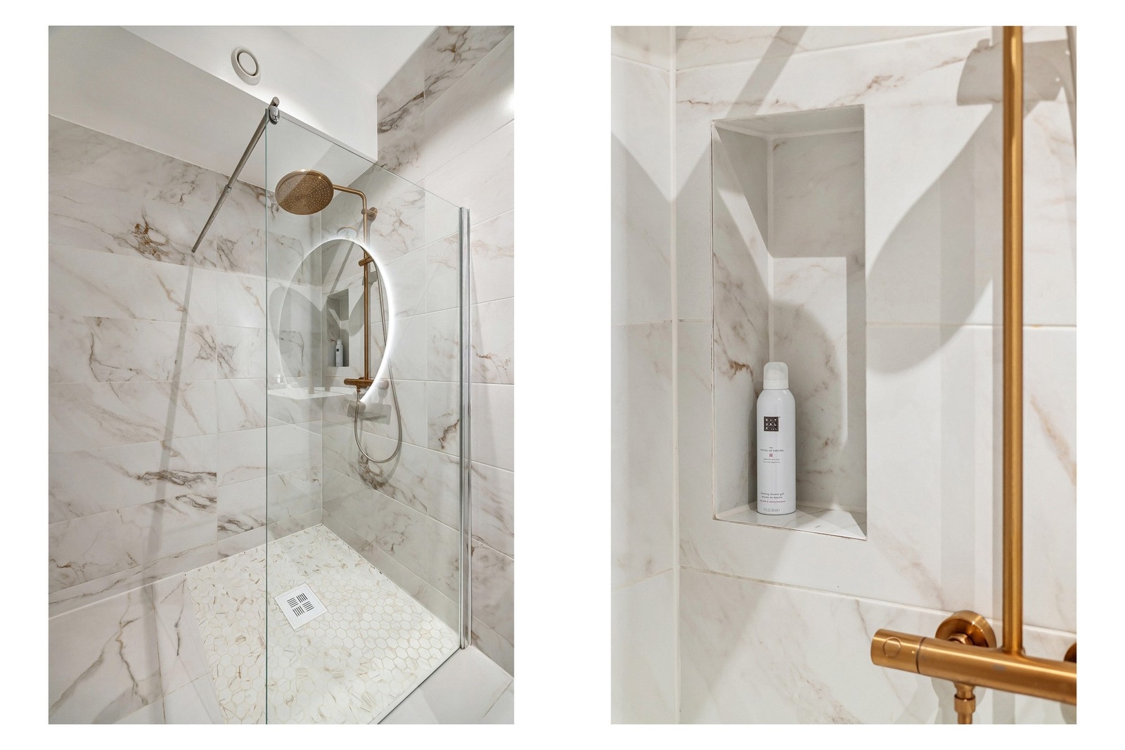 Badet er utstyrt med flere lekre detaljer, blant annet med egen nisje i dusjsonen. Galleribilde