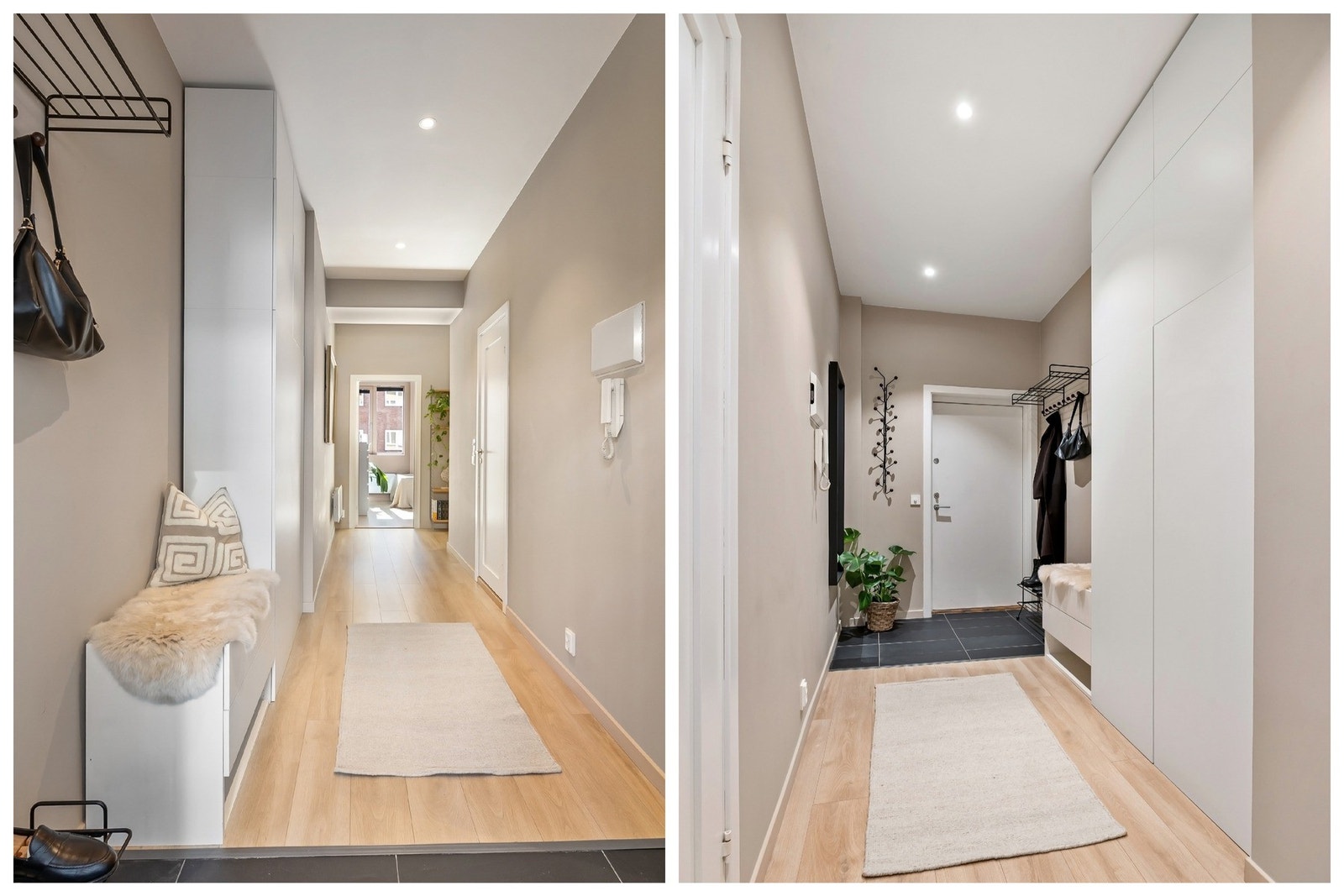 Flislagt gulv i entréen og med himling med innfelte LED-downlights. Galleribilde