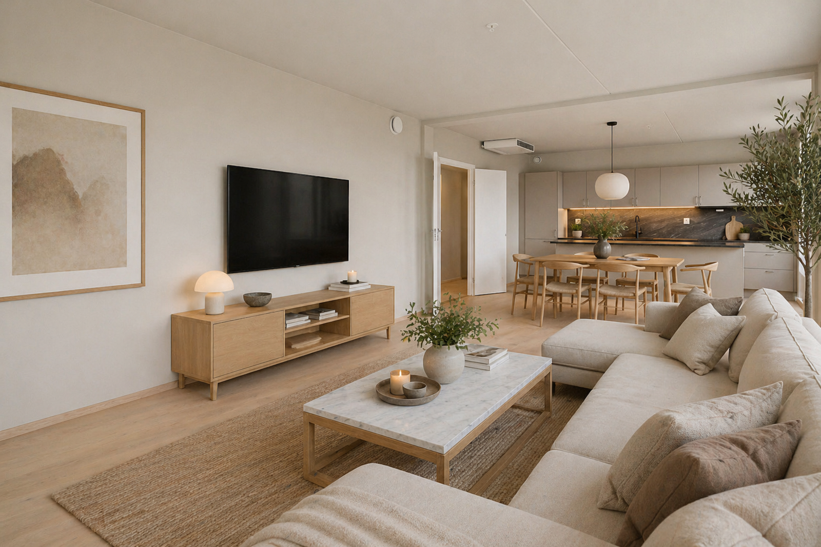 Leiligheten er malt opp i en nydelig beige farge. Galleribilde