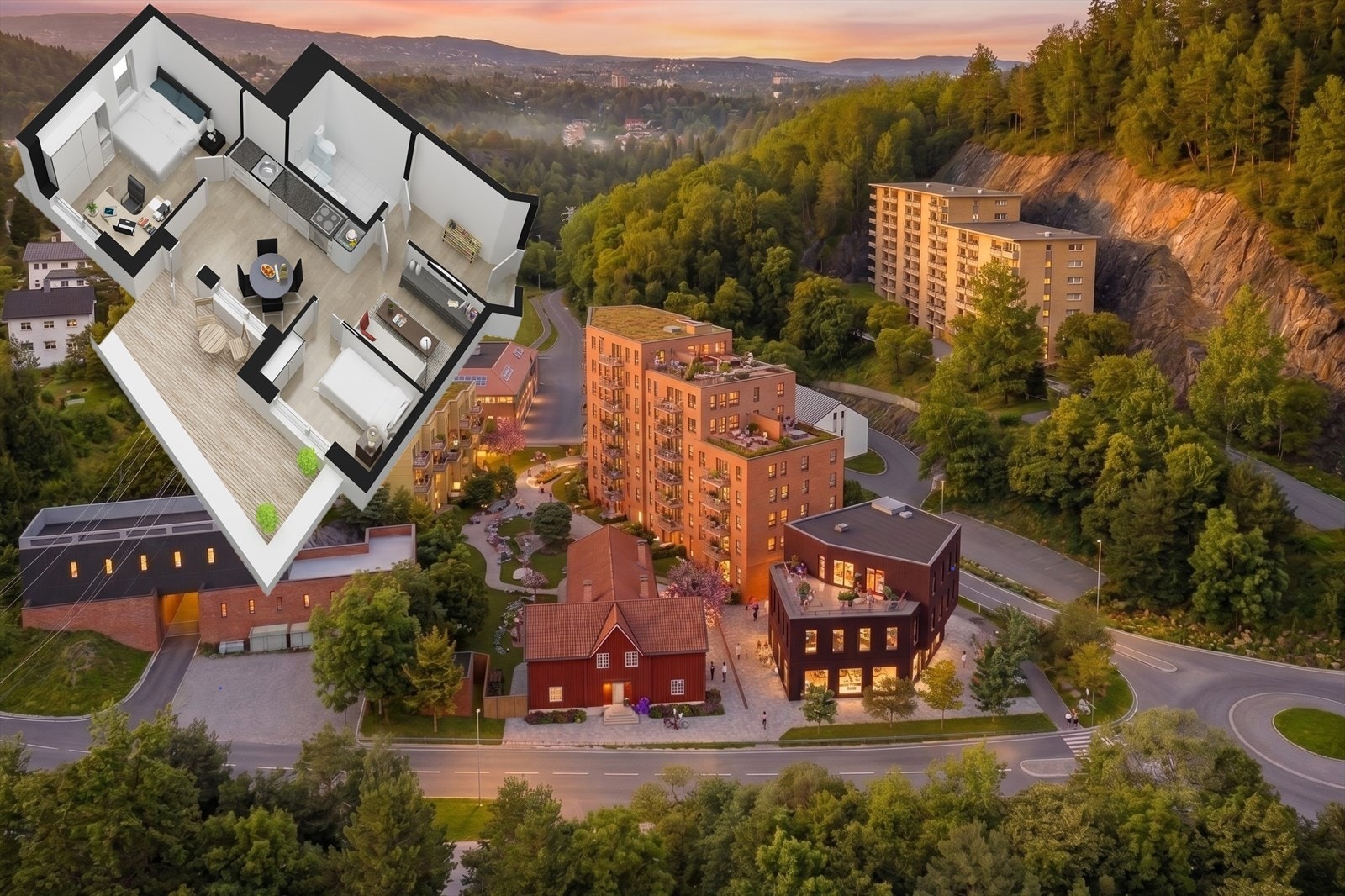 Velkommen til Løxatorget med kort vei til mye. Bildet er laget digitalt/med KI. Omtrentlig plassering. Avvik vil forekomme. Galleribilde