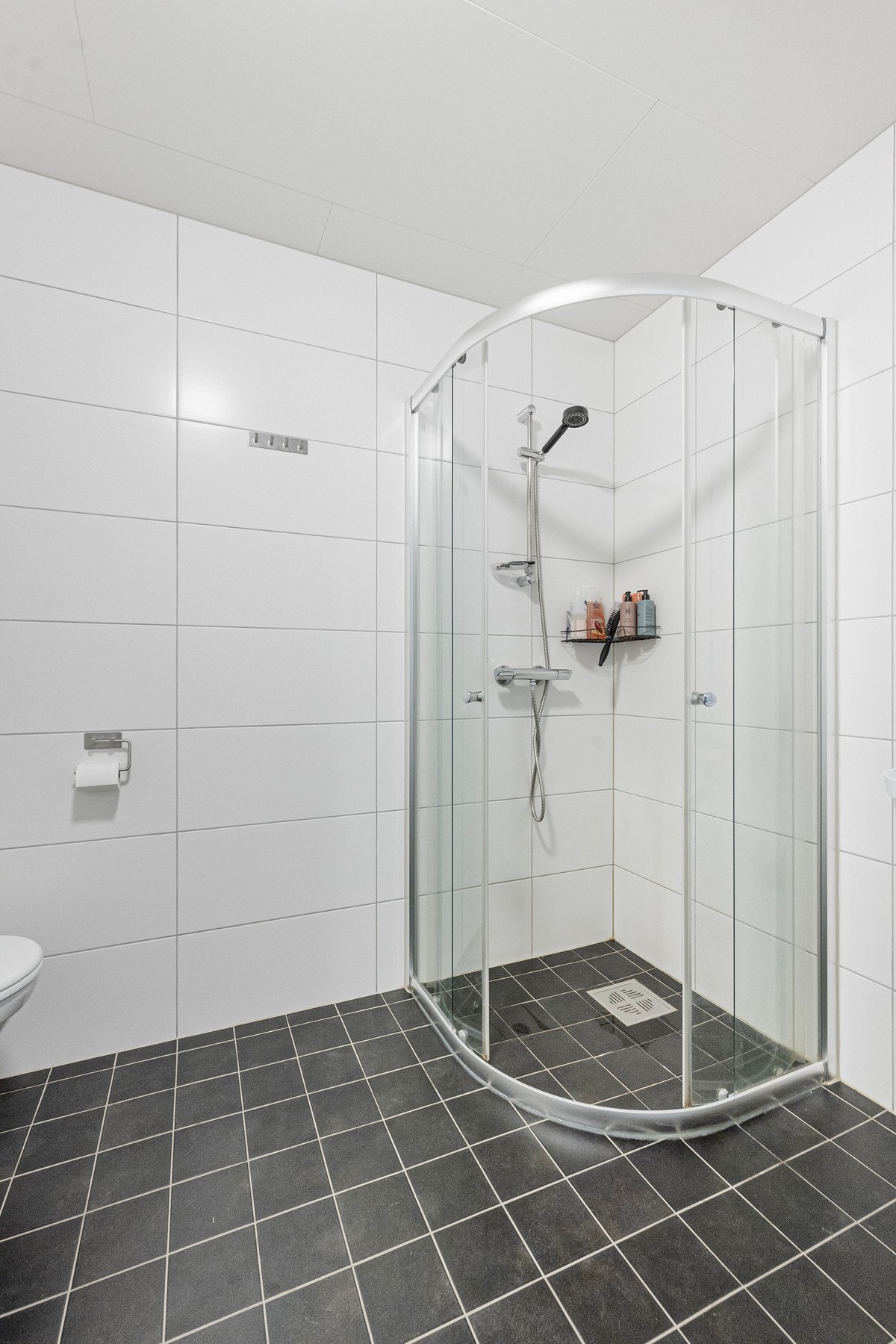 Badet er praktisk innredet med wc, dusj, baderomsinnredning og opplegg for vaskemaskin. Galleribilde