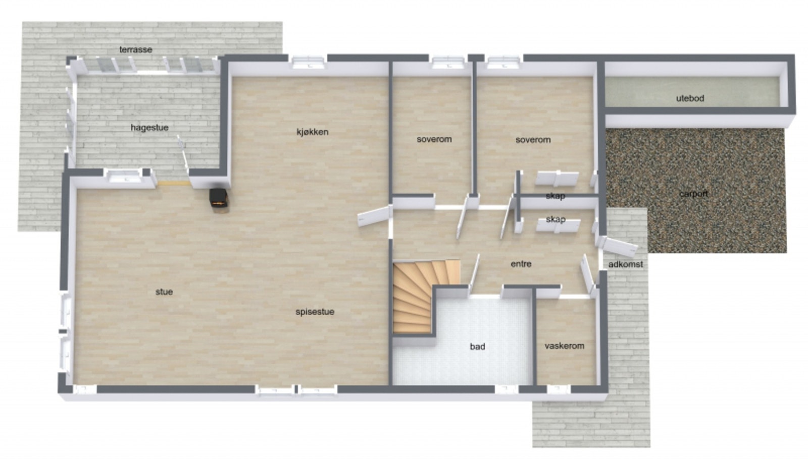 1.etg. byr på: bad, kjøkken, teknisk rom, stue/spisestue, 2 soverom, hall m/trapp og bod. Galleribilde