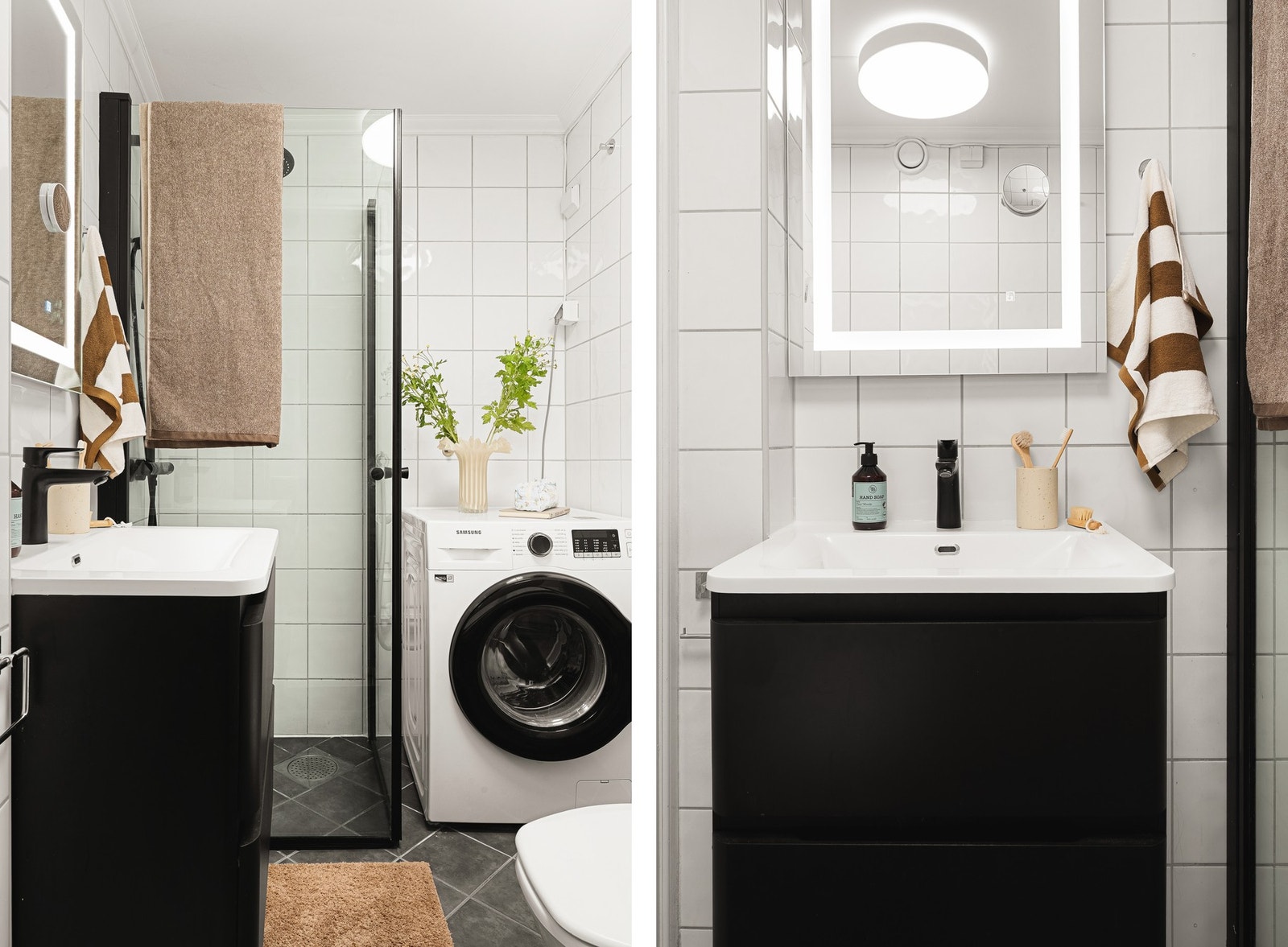 Du har dusjhode med regnfall og hånddusj, samt opplegg til vaskemaskin på eget bad. Galleribilde