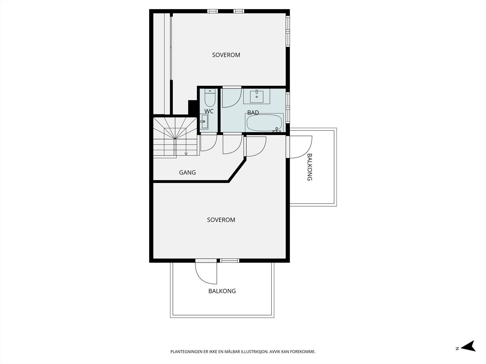 Loftsetasjen inneholder to soverom, bad, separat toalettrom og to balkonger. Galleribilde