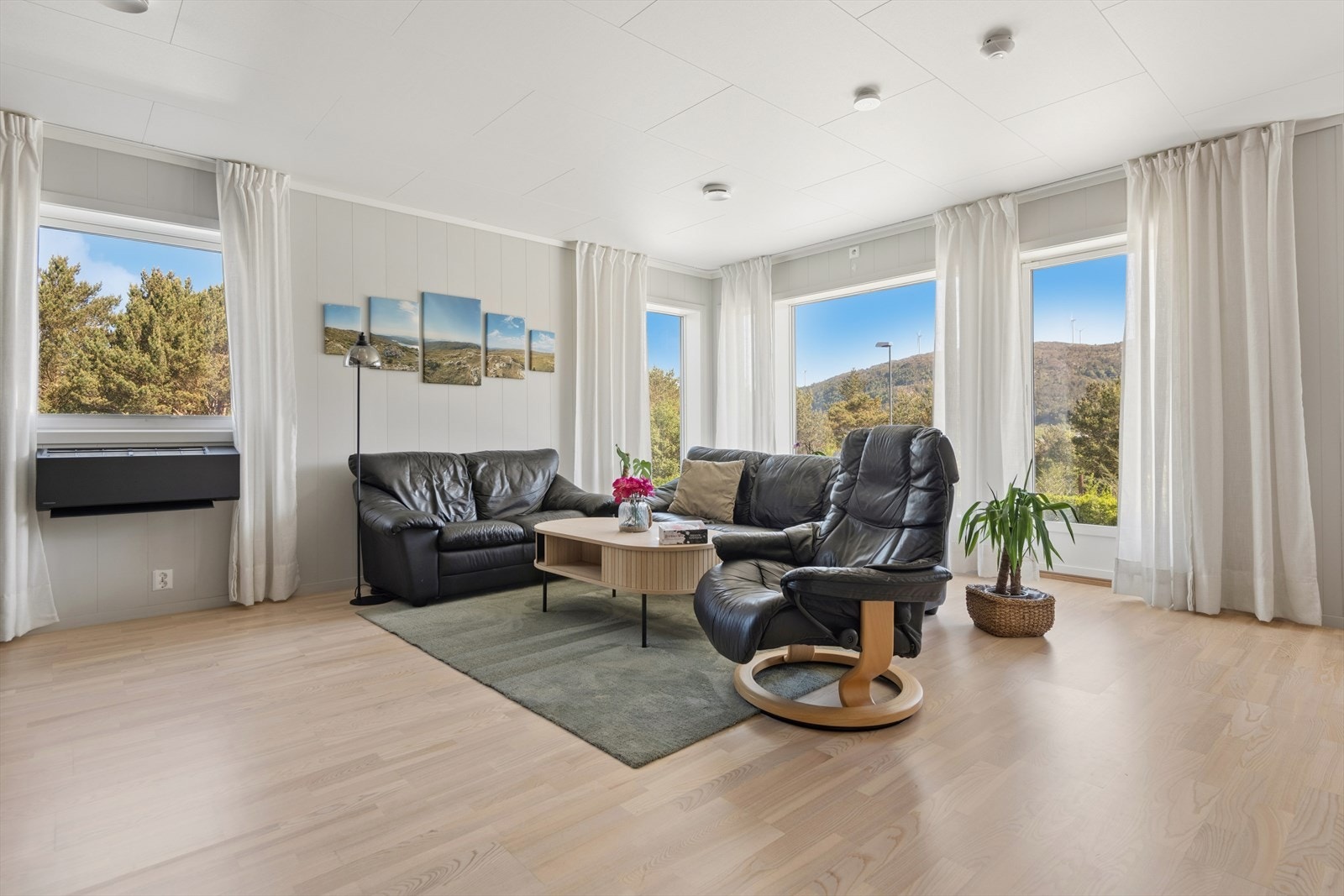 Romslig stue med store vindusflater. Galleribilde