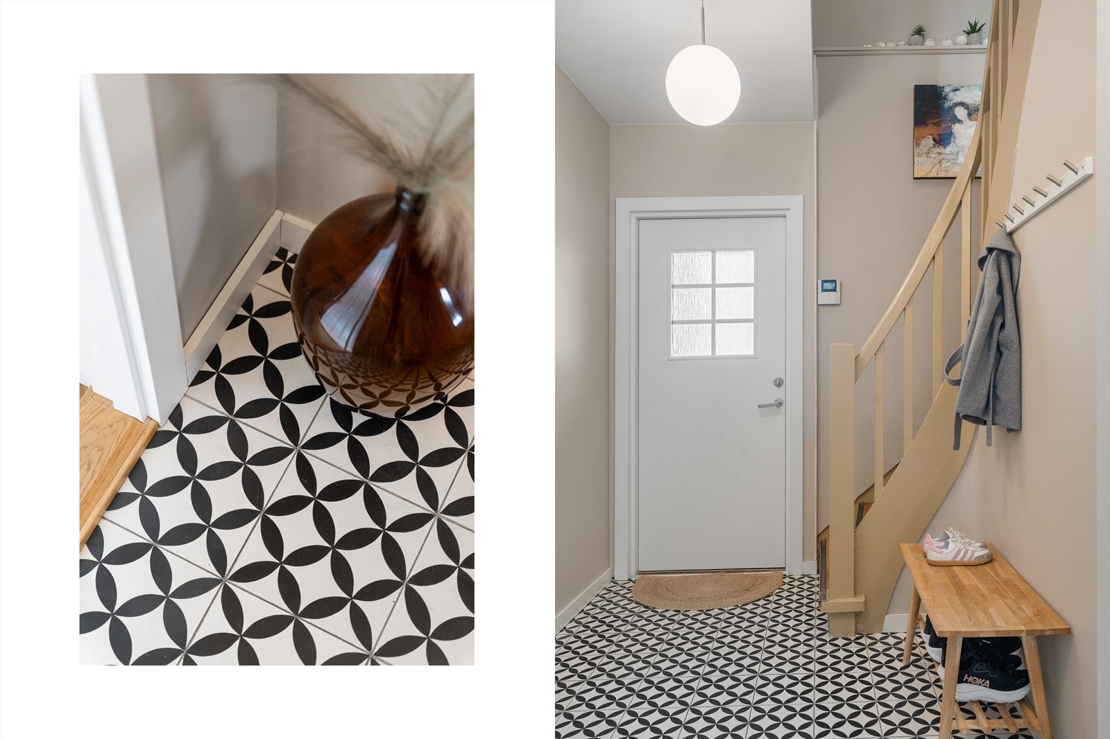 Nydelig innredet hall med delikate gulvfliser. Fra hallen er det trapp opp til loftsetasjen. Galleribilde