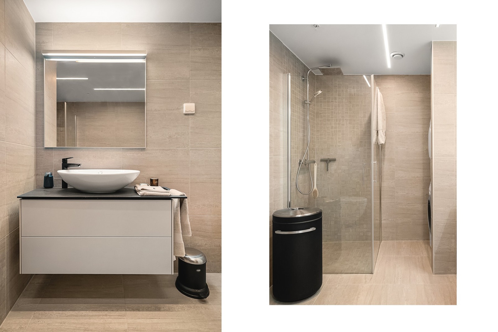 Badet måler 6 kvm og har flislagte vegger og gulv, samt varmekabler Galleribilde