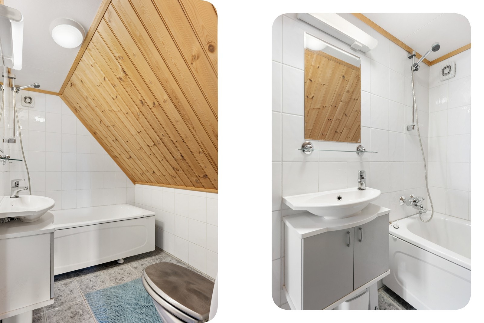 Badet på loftet er utstyrt med badekar med dusjløsning, servantinnredning og toalett. Galleribilde
