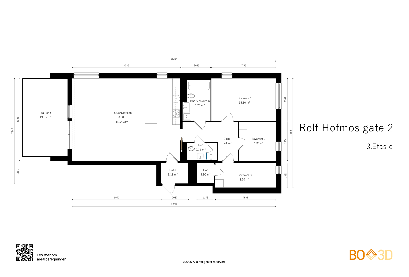 Leiligheten har en arealeffektiv planløsning med tre soverom, to bad og en åpen stue- og kjøkkenløsning. Galleribilde