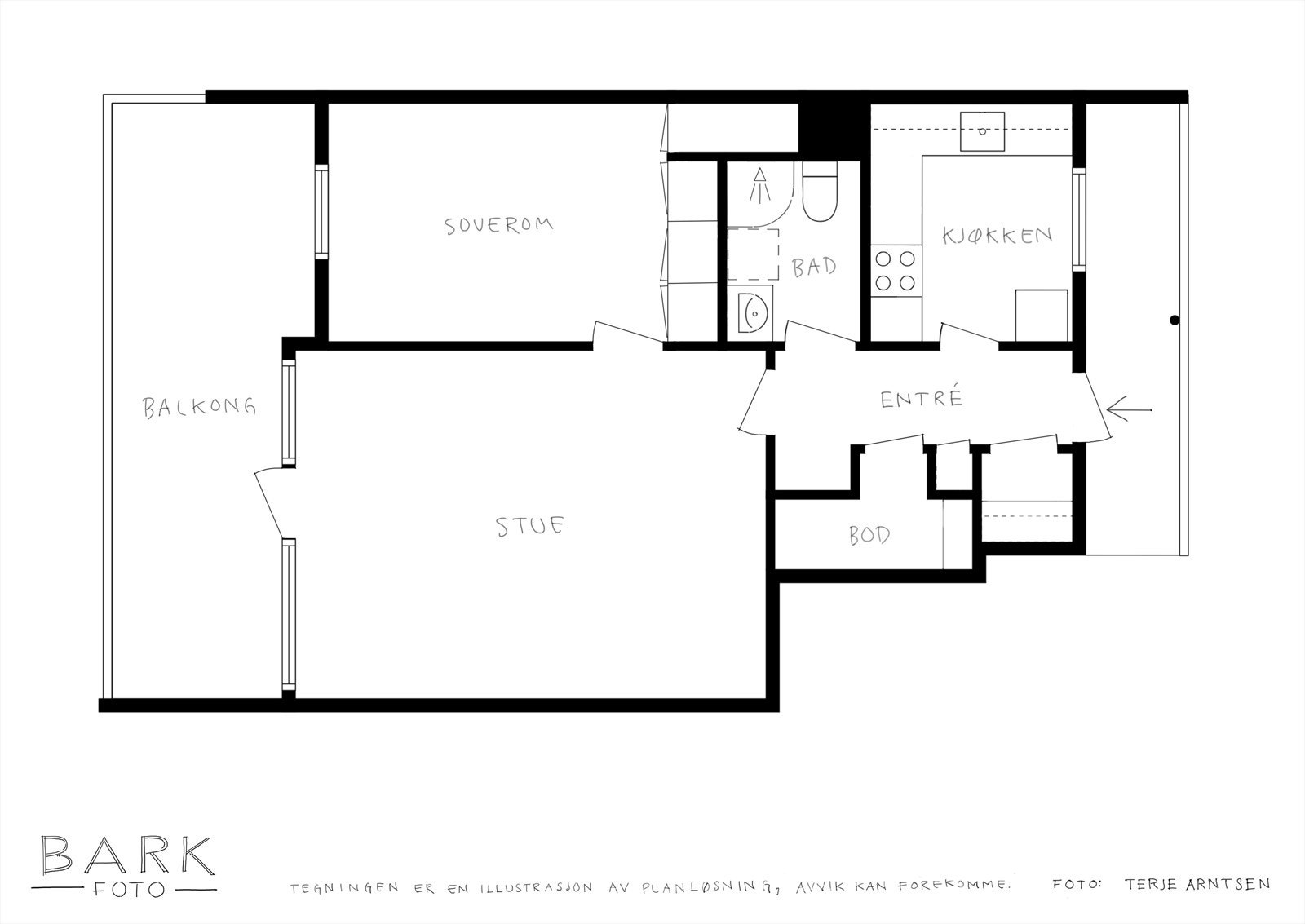 Plantegning. Leiligheten ligger på enden av byggets 5.etasje, og har trappefri adkomst via to heiser som var ny i 2016. Galleribilde