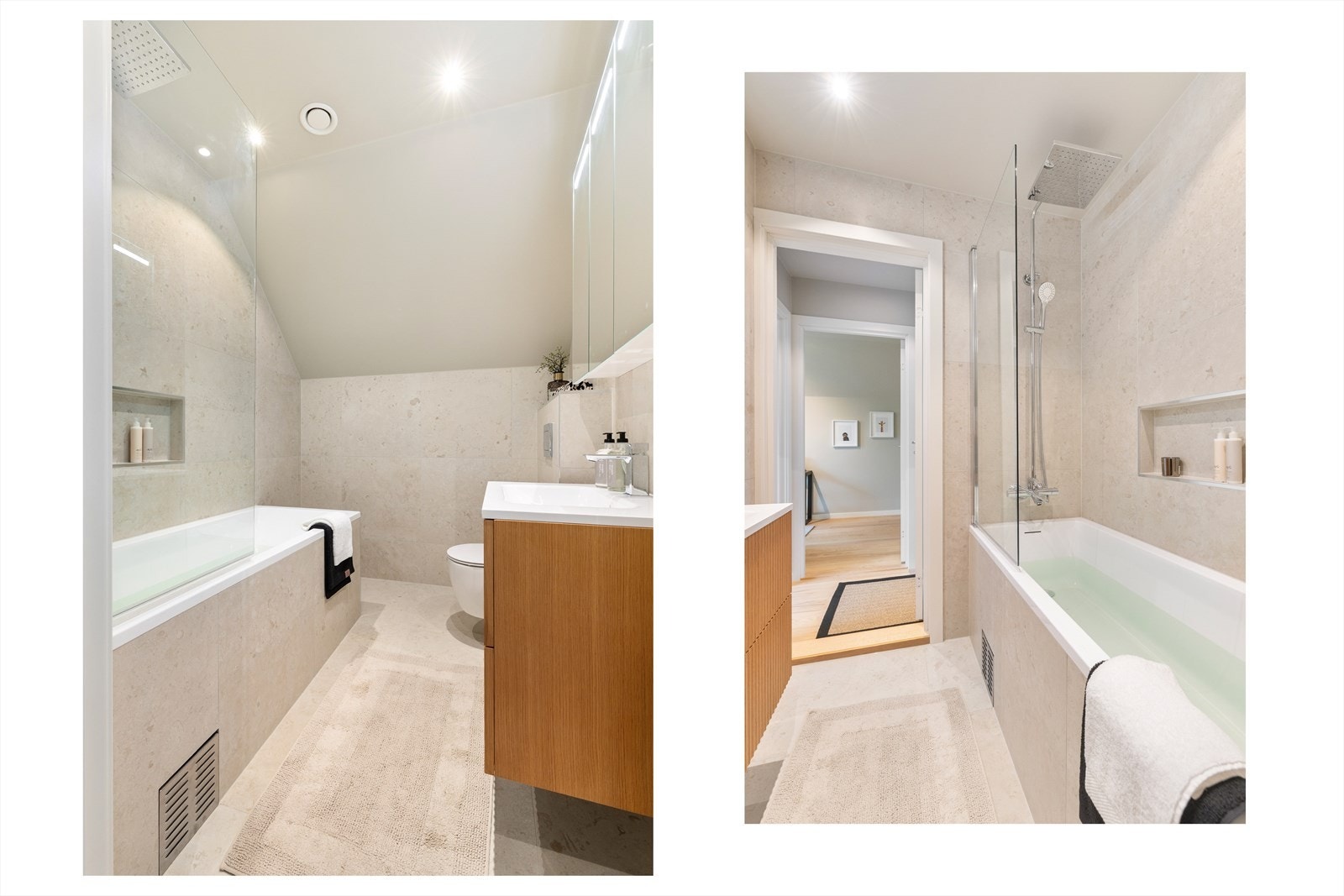 Badet holder en gjennomgående høy standard med store flisflater, downlights og behagelige varmekabler i gulvet. Et delikat bad med eksklusiv hotellfølelse og dokumentert fagmessig utførsel Galleribilde