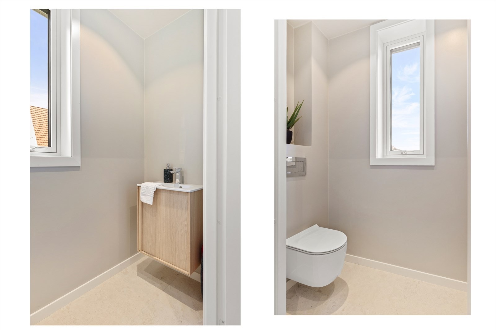 Rett innenfor entréen er det adkomst til praktisk WC-rom med fliselagt gulv og slette, malte vegger. Innredningen består av servantseksjon med skap og toppmontert servant, samt vegghengt wc og downlights i tak Galleribilde