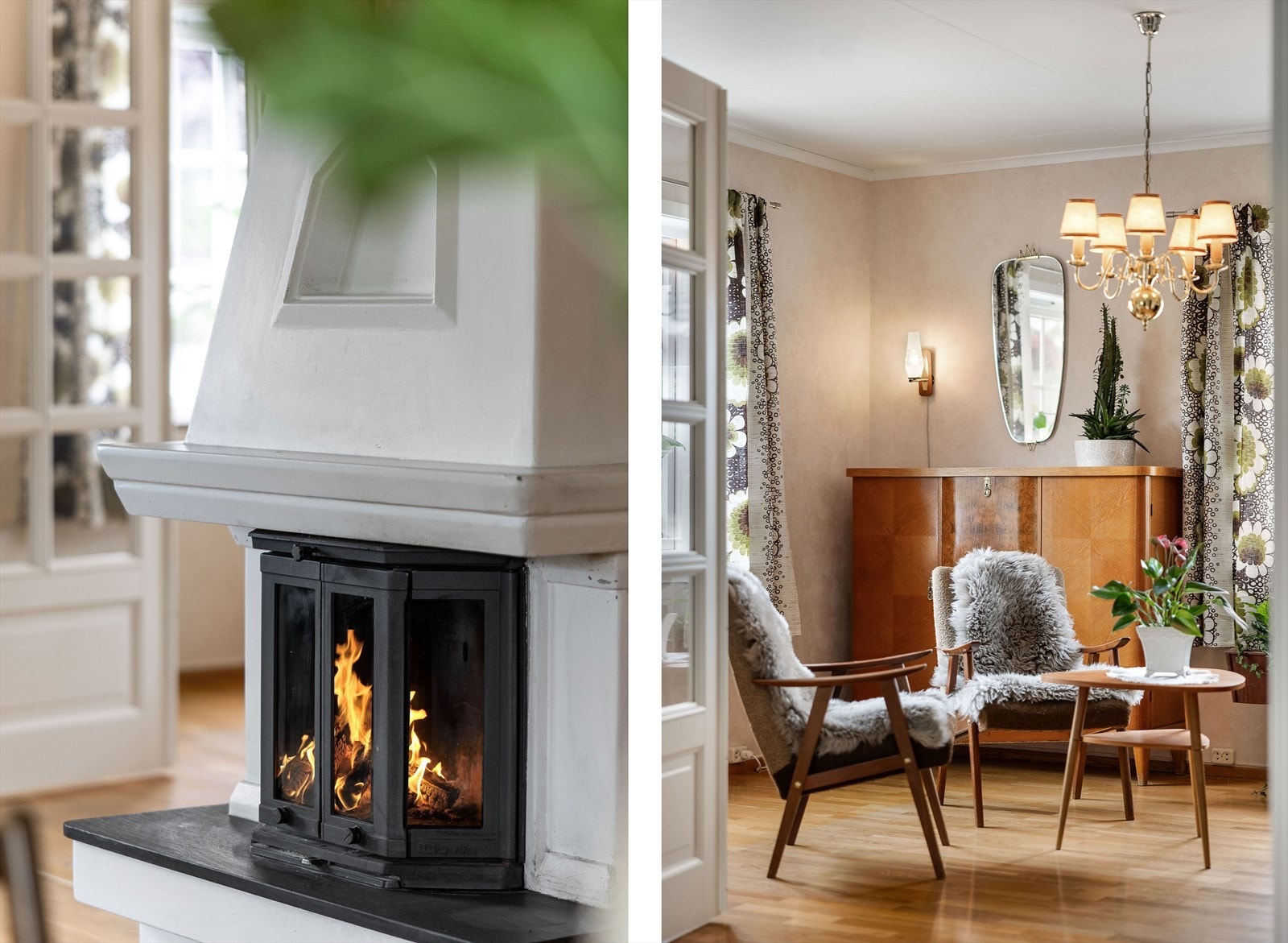 Detaljer som peis og klassiske møbler understreker boligens karakter. Galleribilde