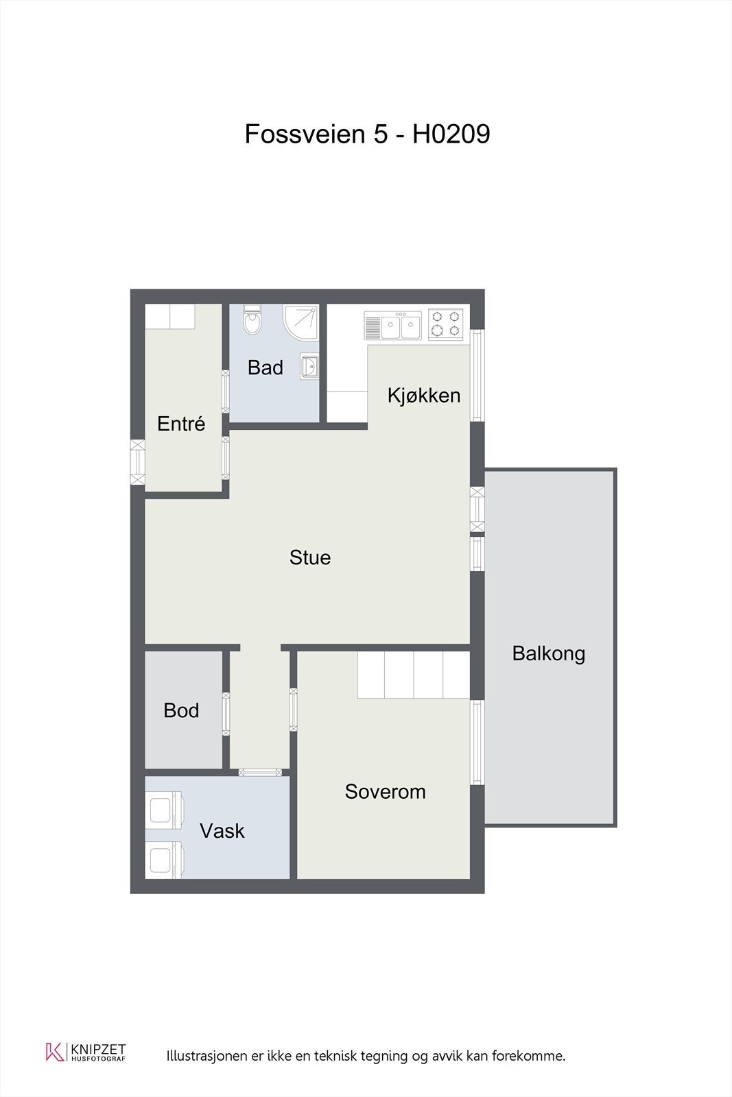 En arealeffektiv planløsning på 59 m² fordelt på entré, stue, kjøkken, soverom, bad, vaskerom og en praktisk innvendig bod. Galleribilde
