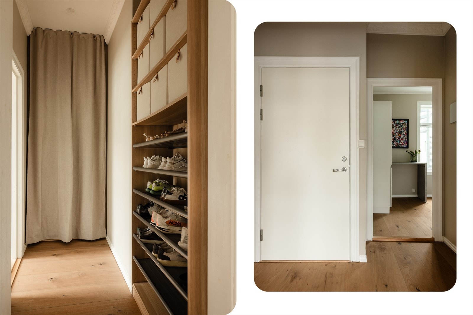 For ytterligere oppbevaring finnes det en praktisk innvendig bod som benyttes som garderobe. Leiligheten disponerer også en ekstern bod på 4,8 m² i byggets underetasje. Galleribilde
