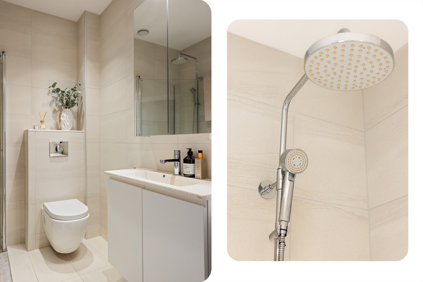 Badet er utstyrt med baderomsinnredning med nedfelt servant, vegghengt toalett og dusjhjørne med dusjvegger. Sameiet har felles vaskerom i bygget. Galleribilde