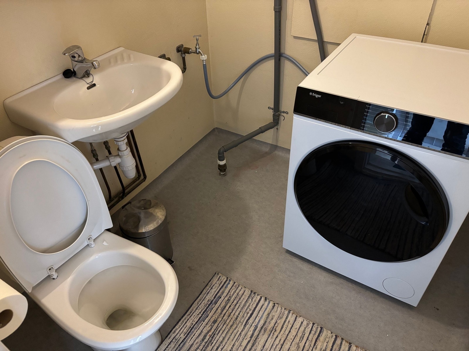 Gammelt bad oppe med toalett og opplegg for vaskemaskin Galleribilde