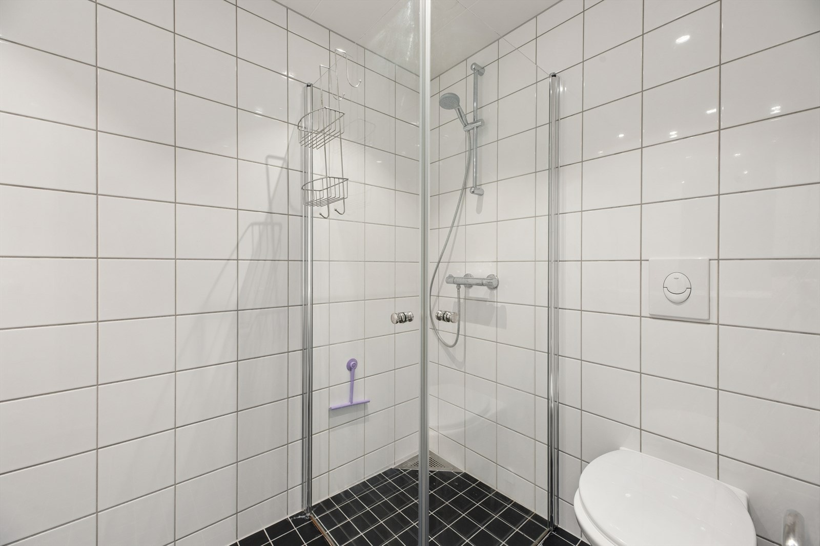 Badet er en prefabrikkert baderomskabin med veggmontert toalett og dusjhjørne med innfellbare dører. Galleribilde