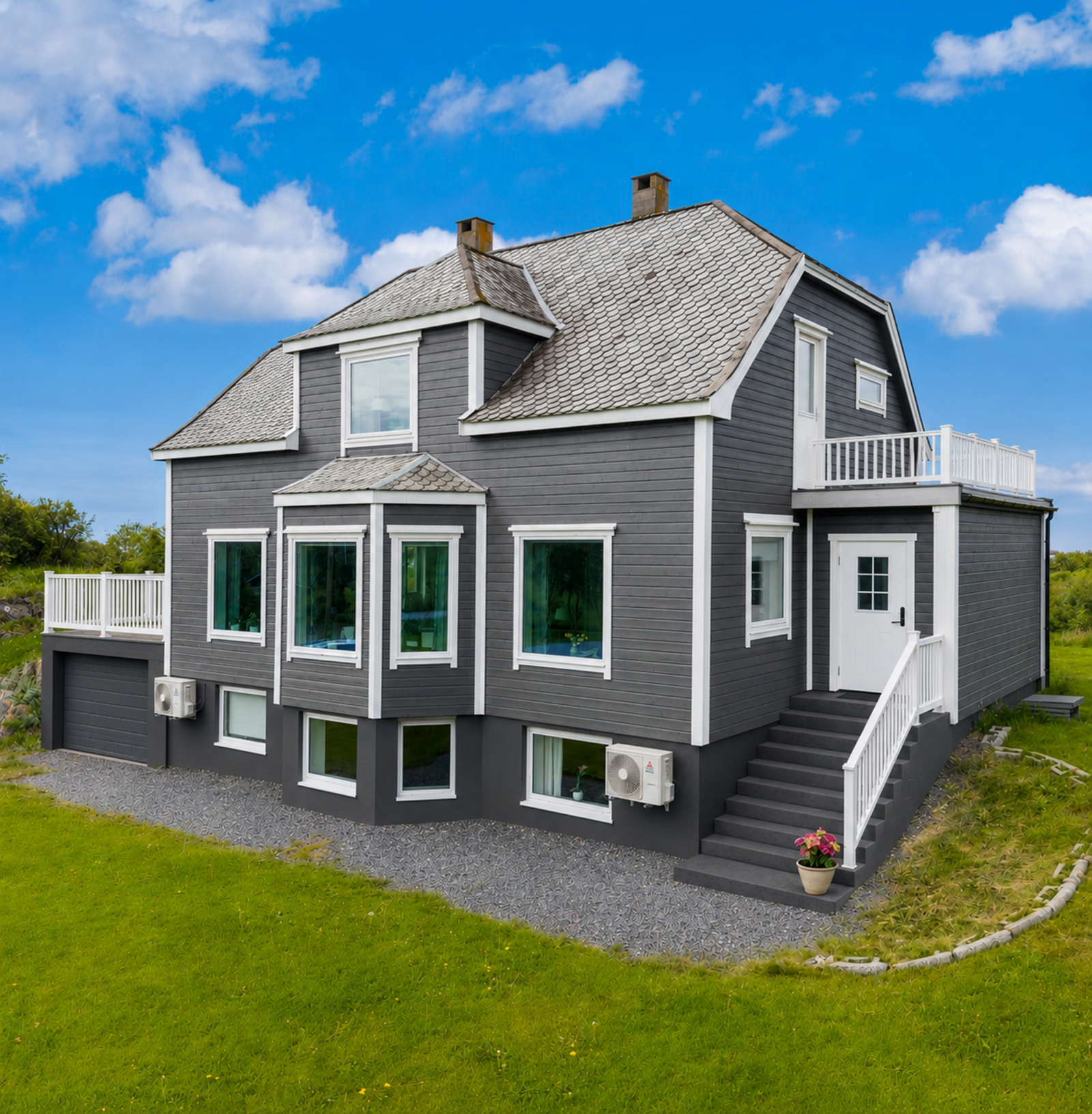 Bildet er KI-generert for å gi deg en idé om malt trapp og mur samt med gelender på balkong og ved terrasse over garasje. Galleribilde