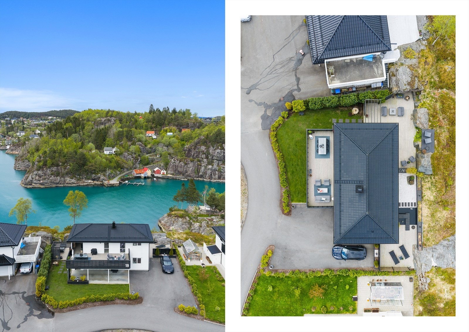 Eiendommen sett fra luften, som viser de store uteområdene og den flotte beliggenheten. Galleribilde