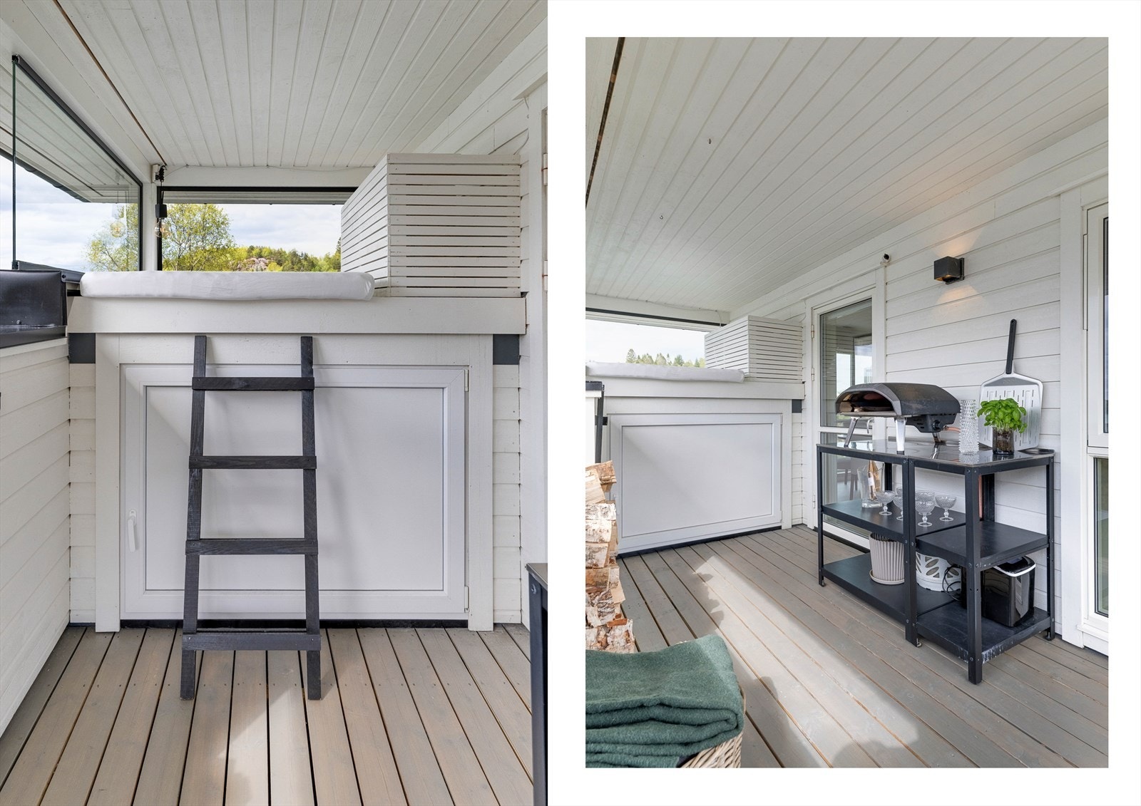Praktisk lagringsrom for uteputer etc. En "daybed" er plassert på toppen med vinduer mot fjorden. Galleribilde