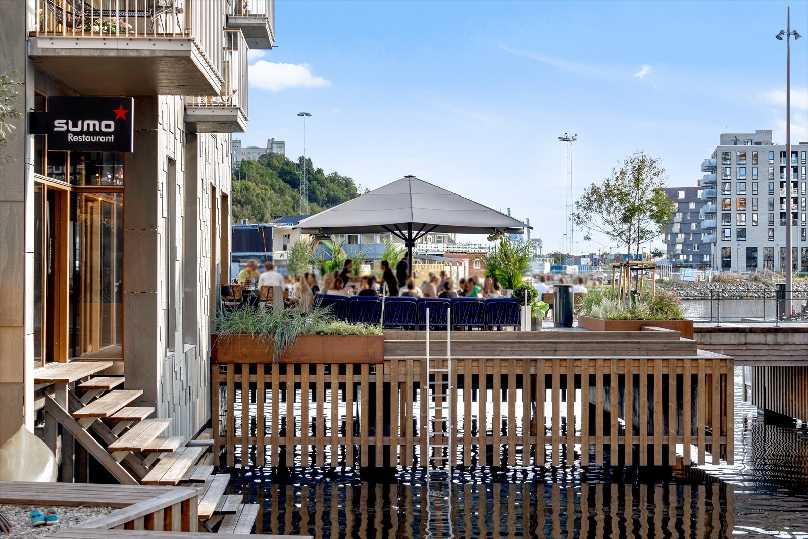 Spisesteder langs vannkanten en kort spasertur unna leiligheten. Galleribilde