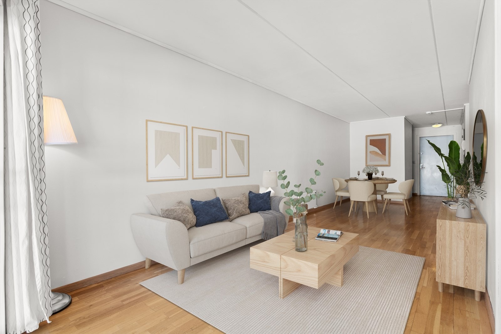 Leiligheten er digitalt møblert for å gi et innblikk i innredningsmulighetene. Den smarte planløsningen legger til rette for enkel og fleksibel møblering. Galleribilde