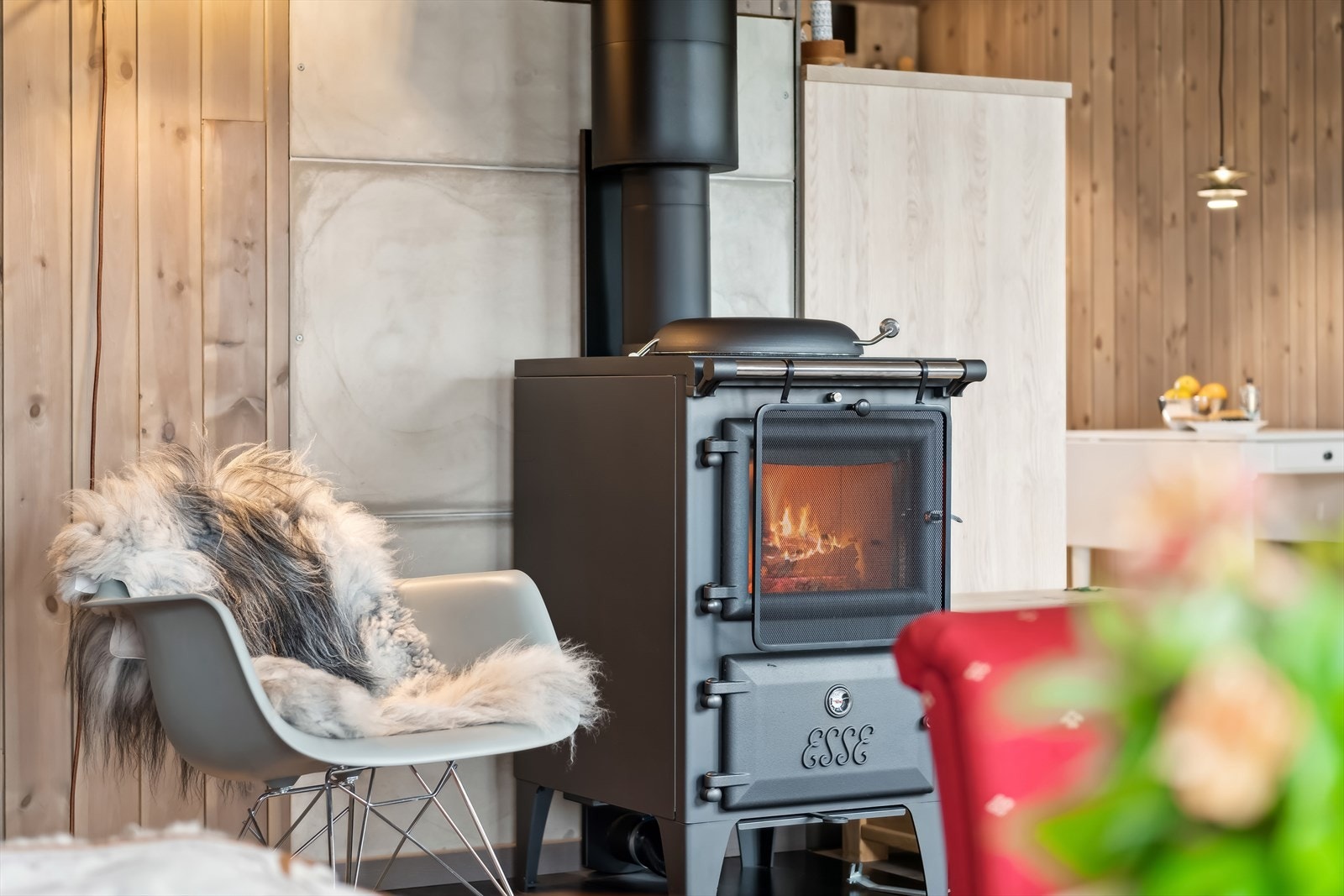 Kos deg i stuen foran en flott vedovn fra Esse, som ikke bare varmer, men også kan brukes til matlaging og baking. Galleribilde