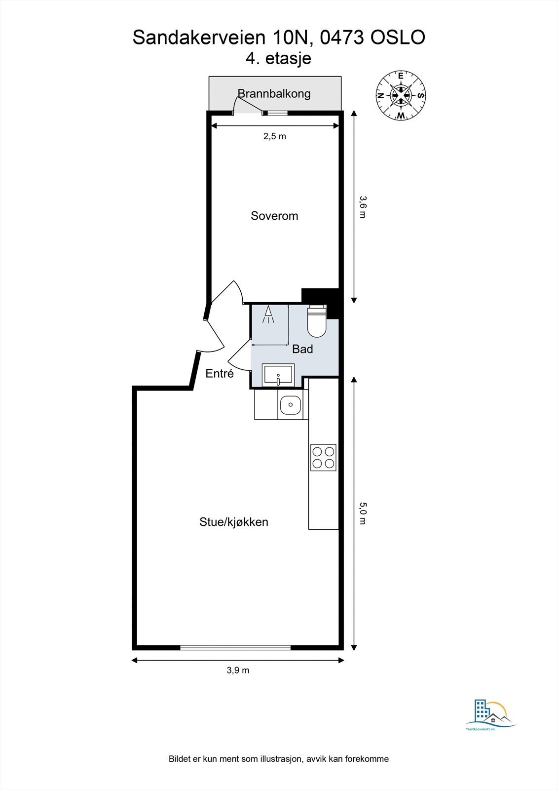 Arealeffektiv planløsning med entré, bad, et soverom og en åpen sone for stue og kjøkken. Leiligheten disponerer også en loftsbod og en kjellerbod. Galleribilde