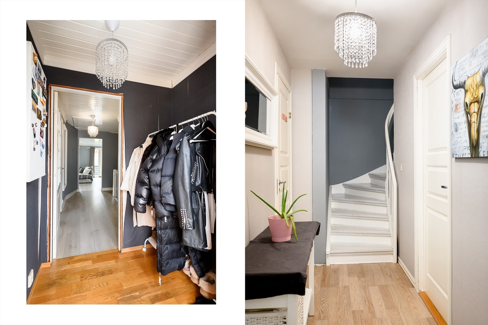 Rekkehuset har en pen entré med mørkmalte vegger og gyllent parkettgulv. Galleribilde