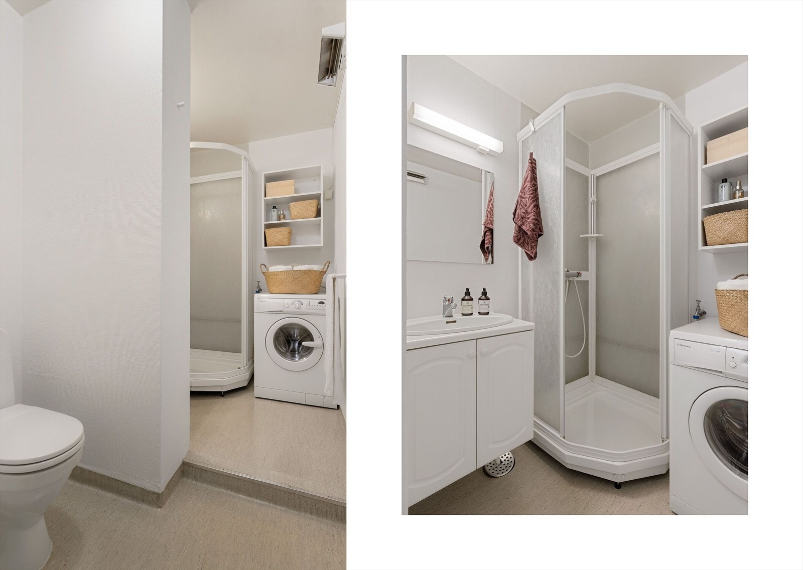 Badet er innredet med opplegg for vaskemaskin, dusjkabinett, toalett og en innredning med nedfelt servant og tilhørende servantskap. Galleribilde