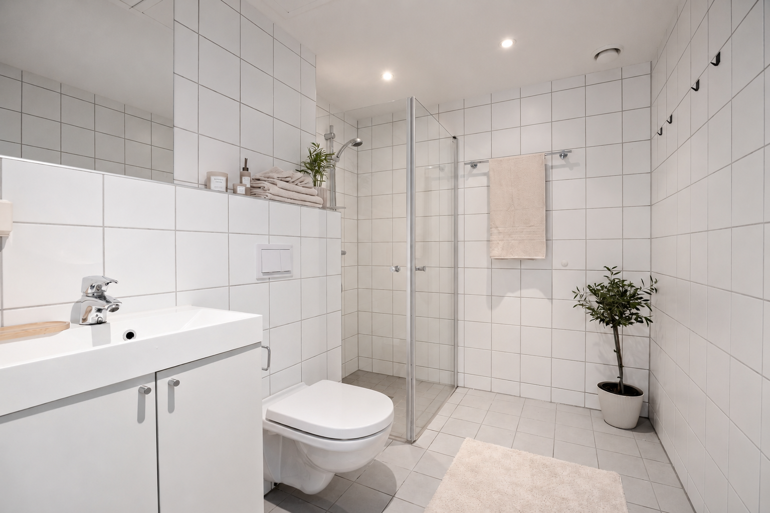 Badet fra byggeår fremstår delikat og moderne med flislagt gulv med gulvvarme, flislagte vegger og downlights i himling. Galleribilde