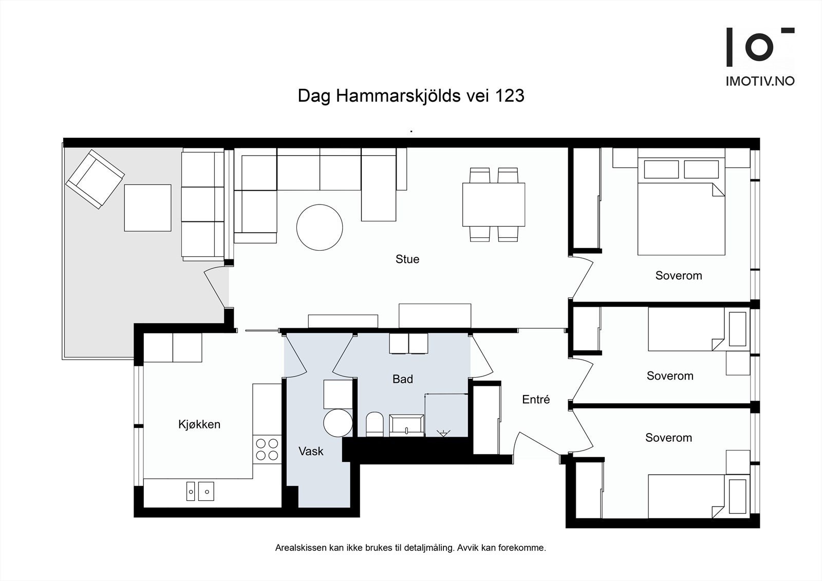 Leiligheten har en arealeffektiv planløsning med tre soverom og en åpen sone for stue og kjøkken. Galleribilde