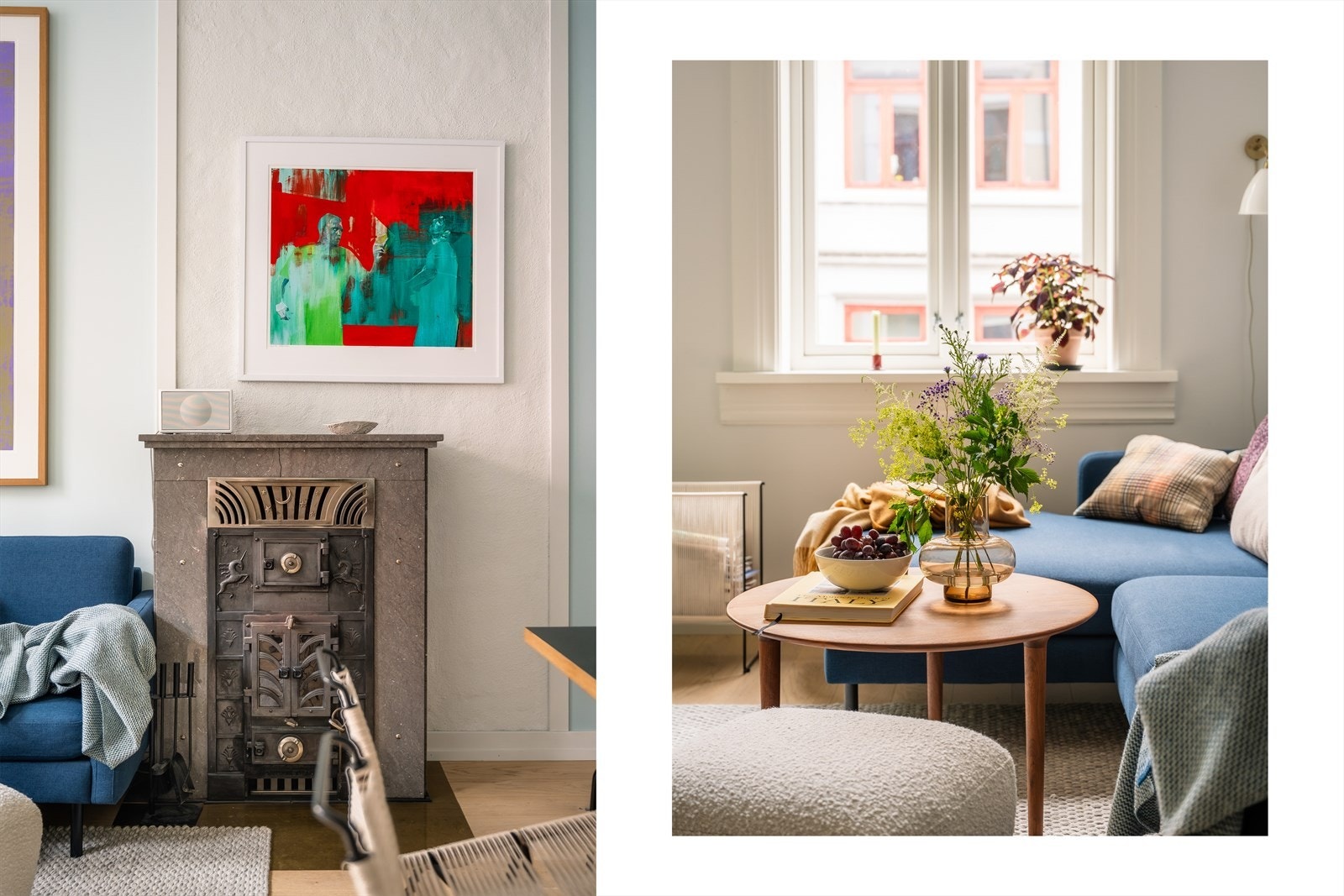 En koselig peisovn er plassert i hjørnet av stuen og sørger for knitrende hygge når gradestokken kryper nedover. Galleribilde