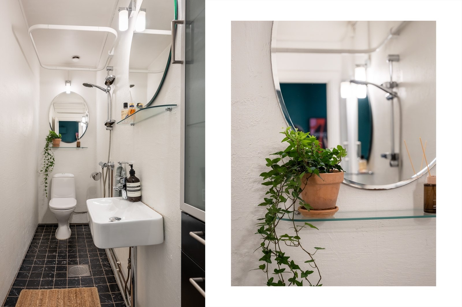 Bad med flislagt gulv med varmekabler. Badet er innredet med servant, toalett og dusj. Galleribilde