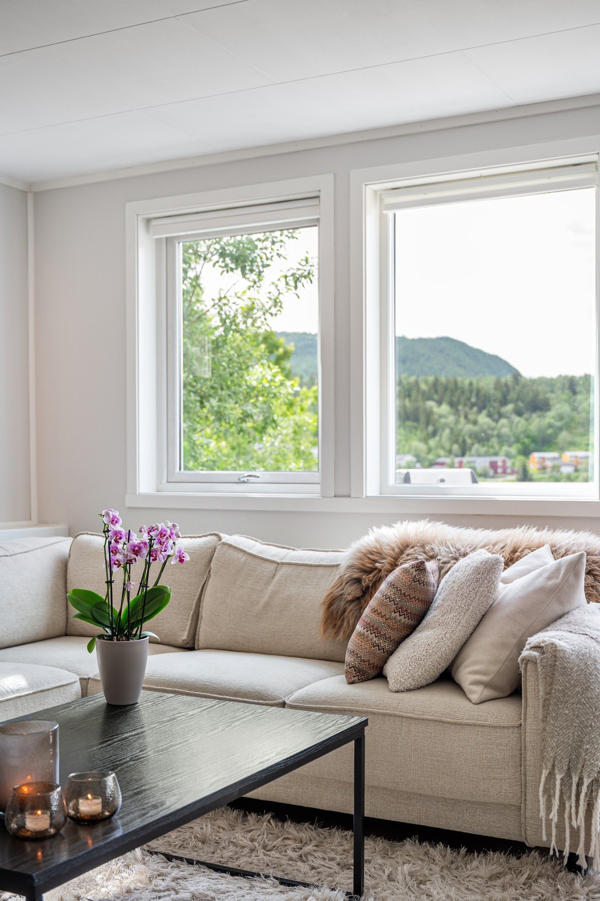 Fra sofaen er det fin utsikt mot landlig landskap (alle vinduer ble skiftet i 2018) Galleribilde