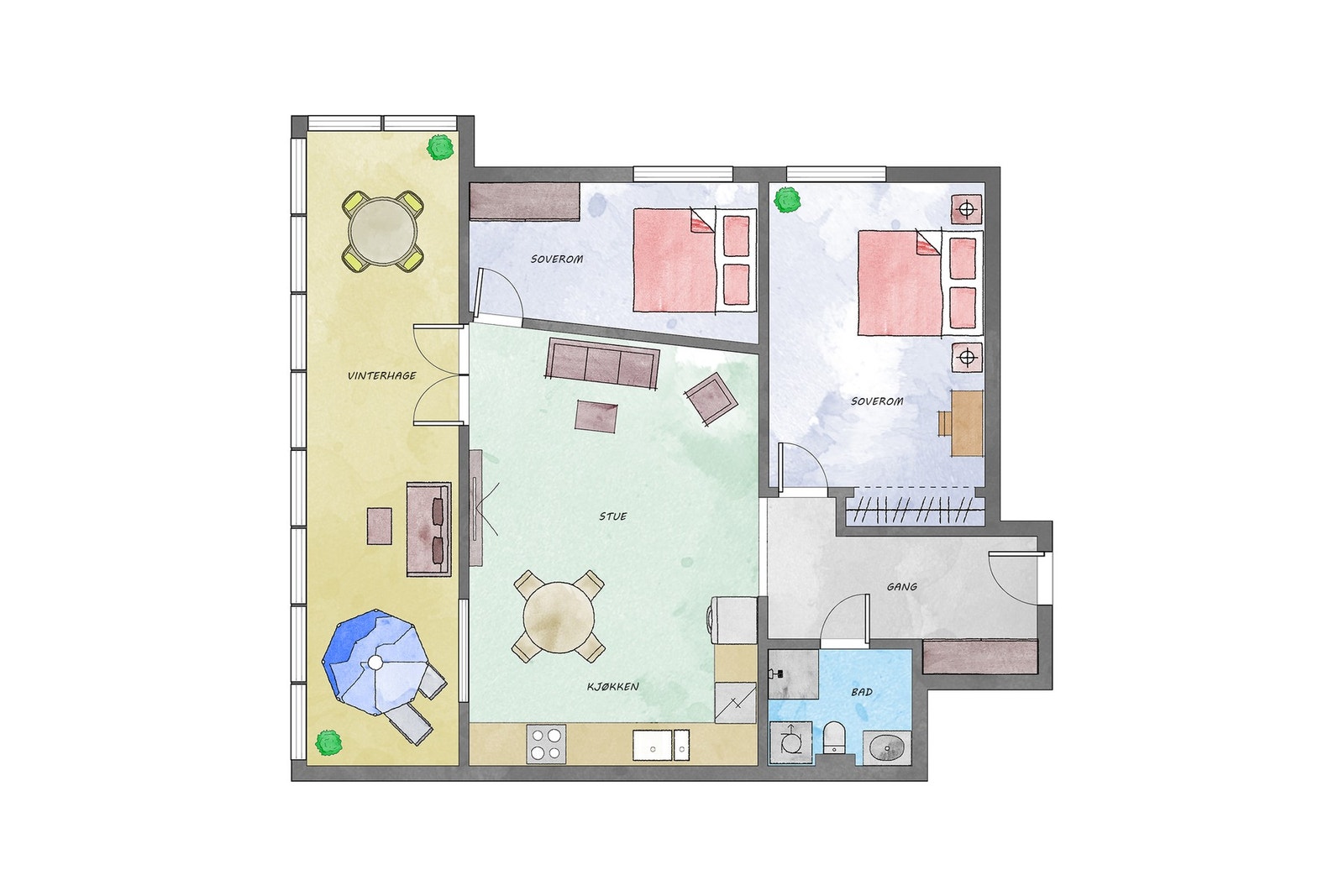 Leiligheten har et areal på 53 m² + Innglasset balkong på 15 m² og boder med målbart areal på 8 m² Galleribilde