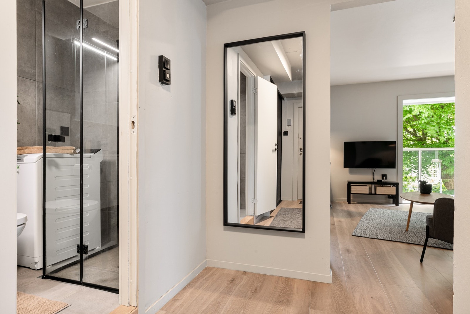 Entré/gang med fin overgang til bad, hovedsoverom og stue Galleribilde