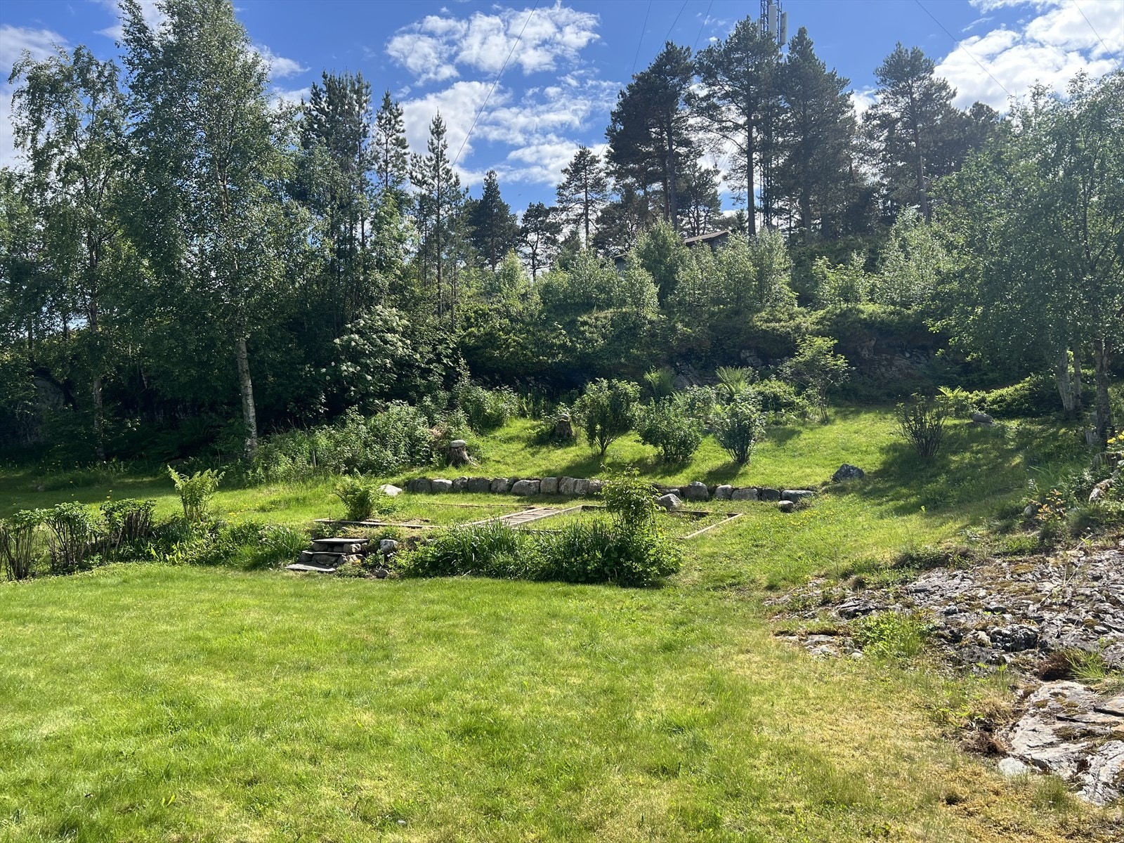 Romslig tomt/hage på baksiden av boligen som grenser mot friareal. Selgers eget bilde. Galleribilde